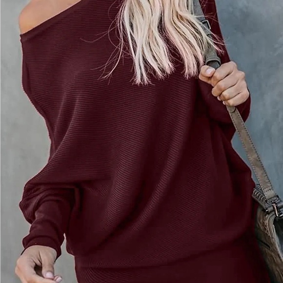 Burgundy Off-Shoulder sweater knit tops - Picture 3 of 5